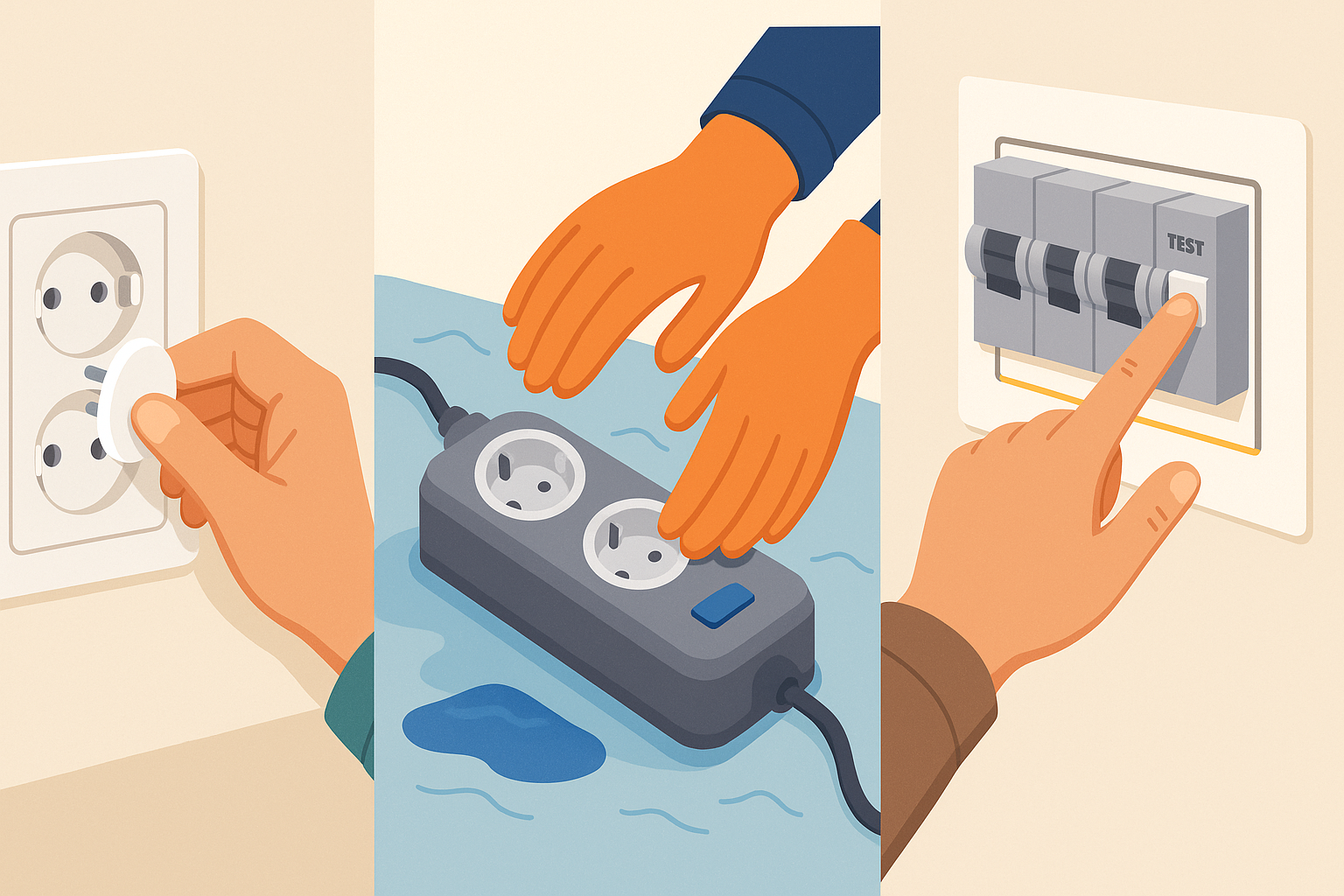 가정과 작업현장의 감전 사고 예방 일러스트 – 콘센트 보호캡 설치, 방수 멀티탭 사용, 누전차단기 테스트 장면 묘사