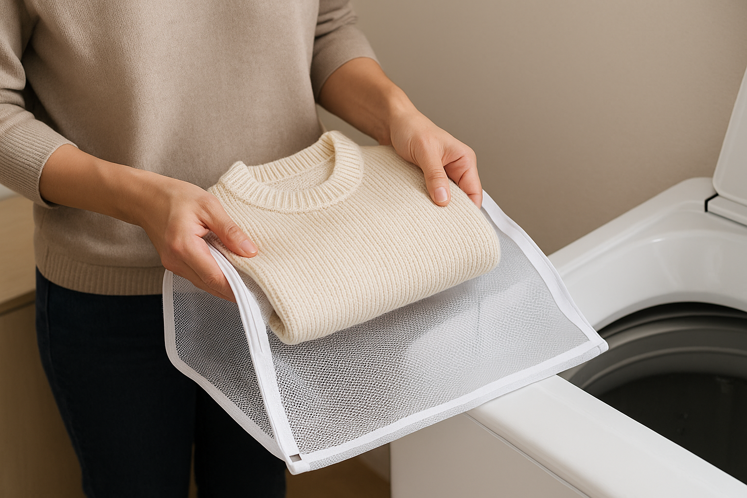 세탁기 옆에서 메쉬 세탁망에 니트를 한 벌씩 넣는 장면