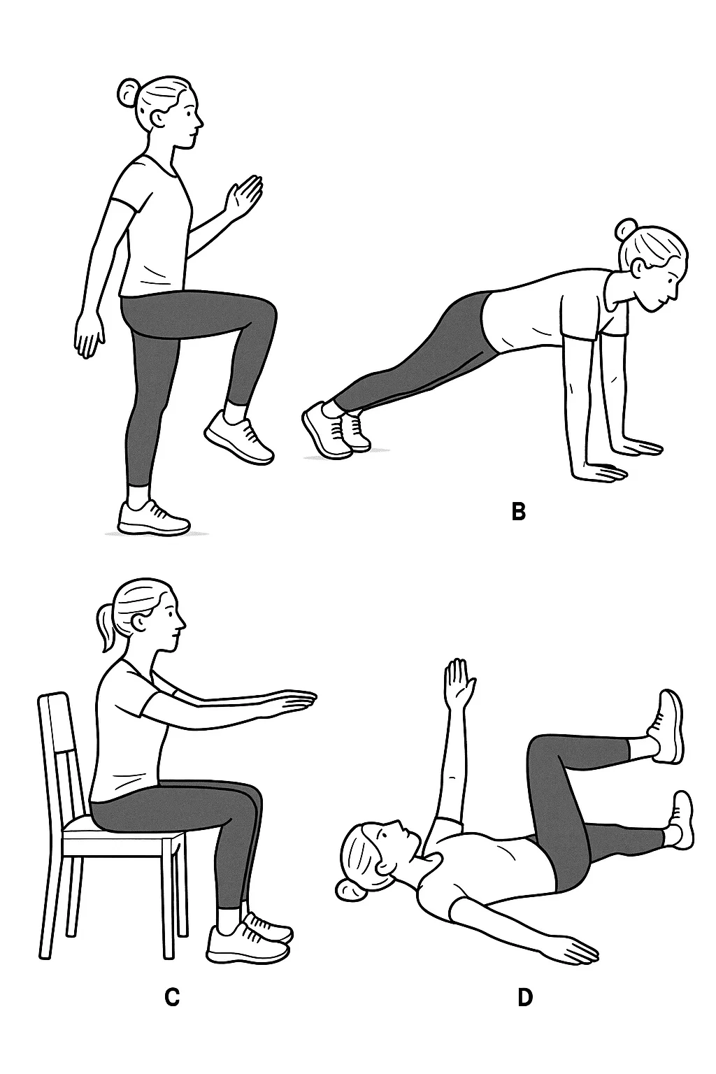 제자리 걷기, 암워킹, 의자 스쿼트, 데드버그