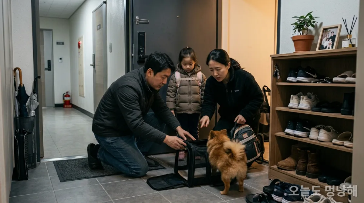 한국인 가족이 침착하게 강아지를 이동장에 넣고 아파트 현관에서 대피 준비를 하는 모습