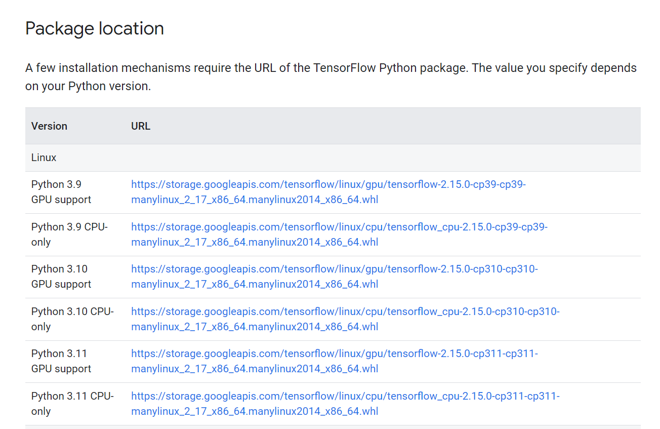 tensorflow공식 사이트 pacakge location