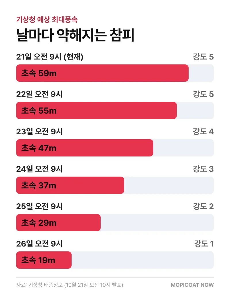 태풍 참피 날짜별 예상 최대풍속