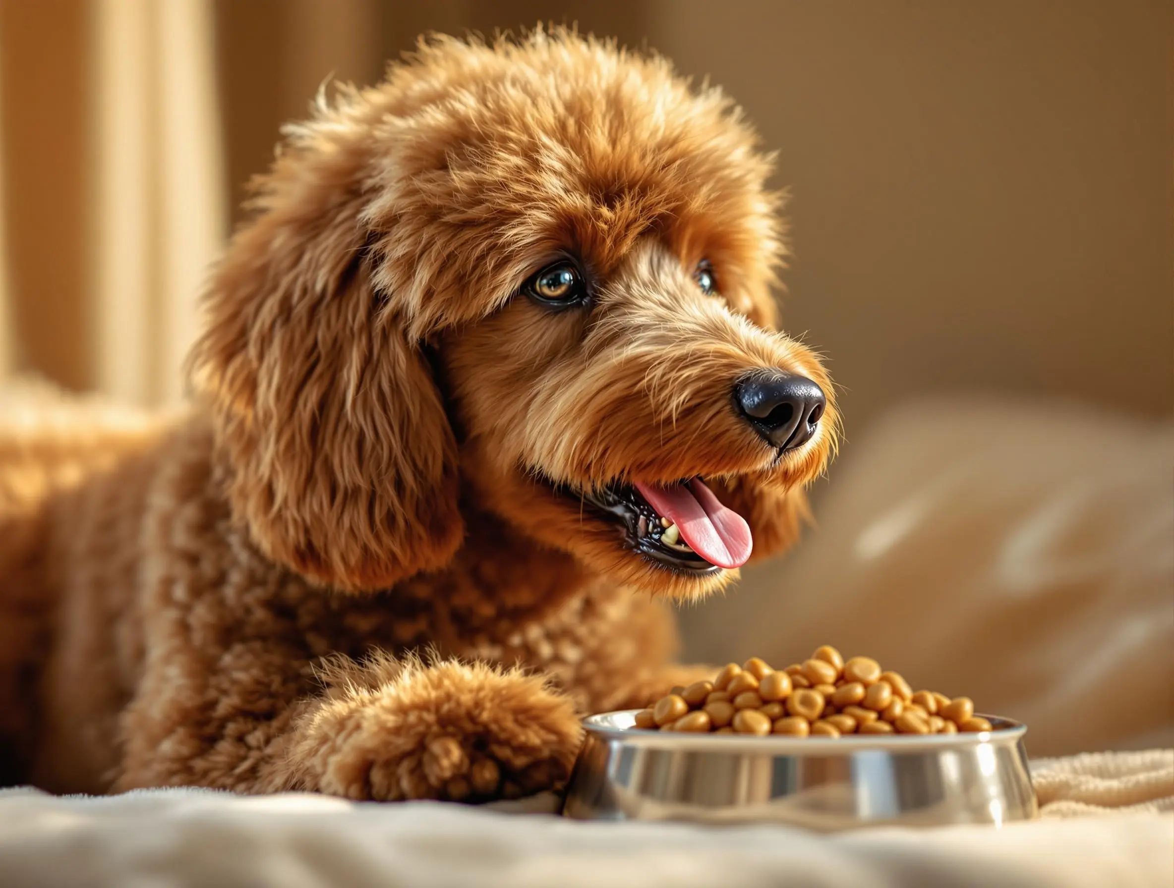 갈색 푸들 강아지가 저알러지 사료를 먹으며 행복한 표정을 짓고 있는 모습