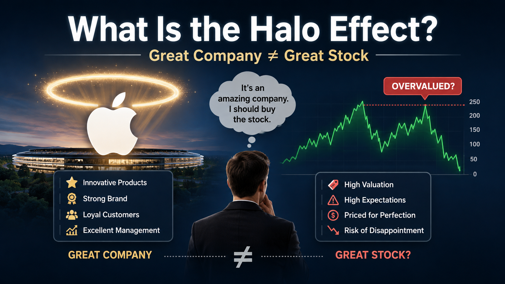 Illustration of the Halo Effect showing why a great company is not always a great stock and how investor perception can influence valuation decisions.