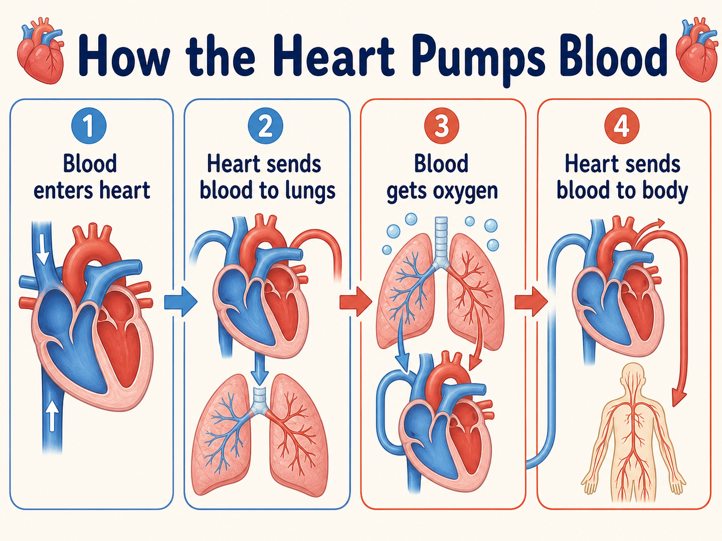 Infographic explaining how the heart pumps blood