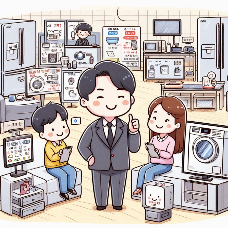 가전제품 고르고 있는 부부와 설명하는 판매원