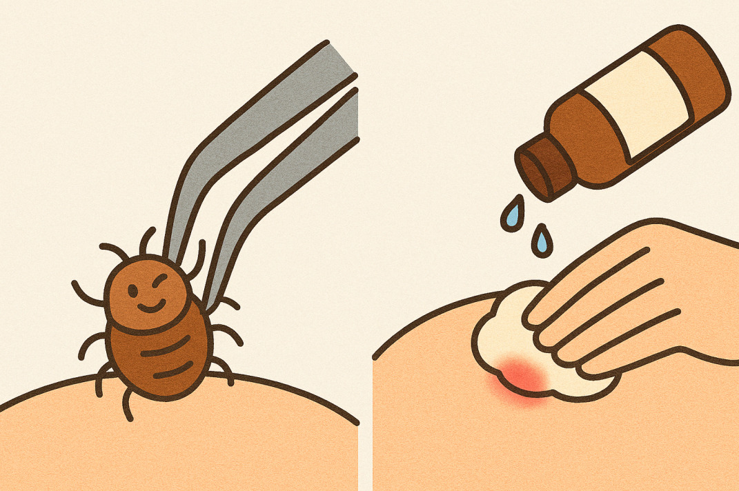 진드기를 수직방향으로 올바르게 제거하는 모습과 물린 상처부위를 소독하는 이미지