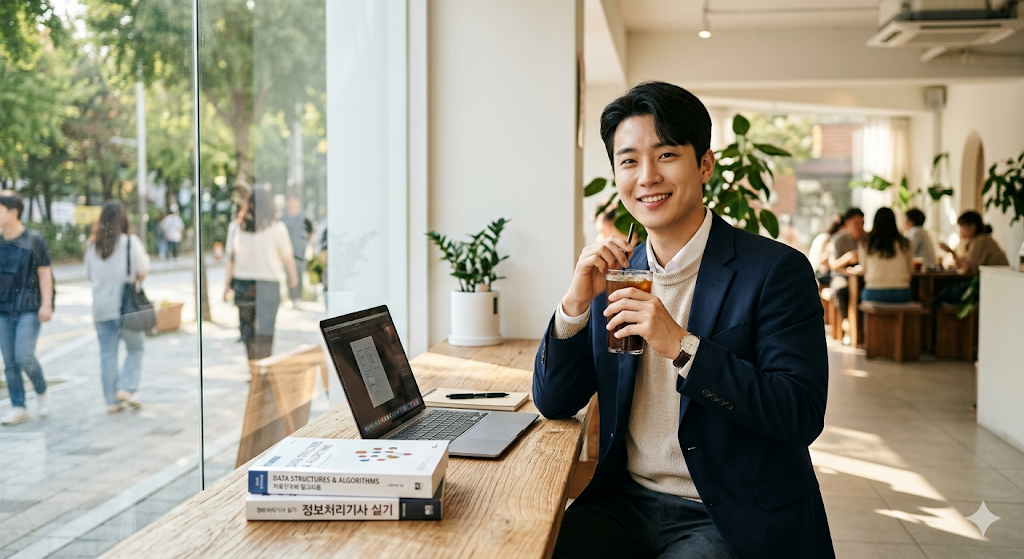 따스한 햇살이 들어오는 모던한 카페 창가 자리에서 최신 노트북과 전문 서적을 펼쳐두고 자신감 있게 미소 지으며 자격증을 공부하고 있는 청년의 하이엔드 실사 사진