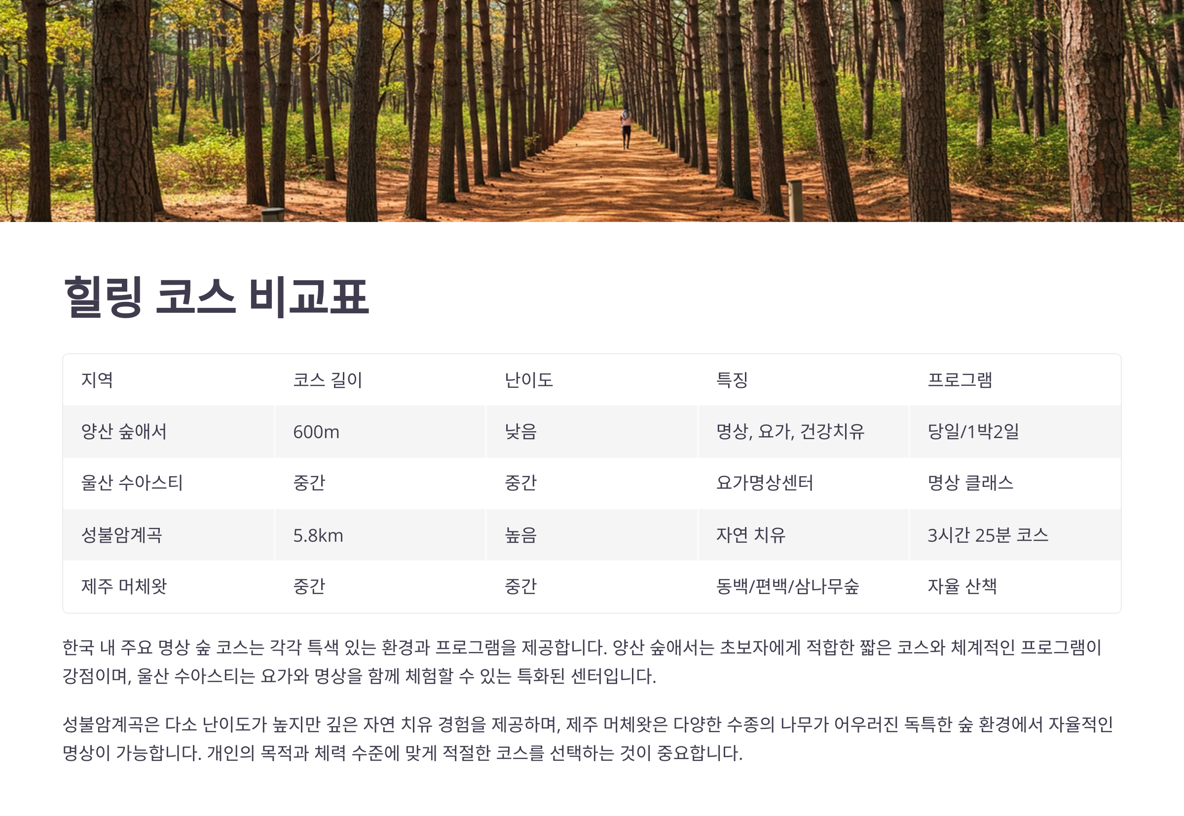 📊 힐링 코스 비교표