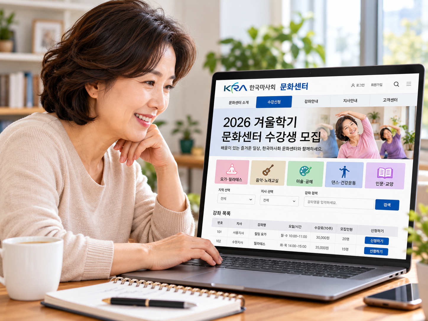 중장년 여성이 노트북으로 한국마사회 문화센터 수강신청을 확인하는 모습의 예시 이미지