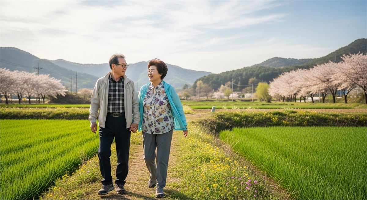 부모님이 봄 풍경 속에서 천천히 산책하는 장면