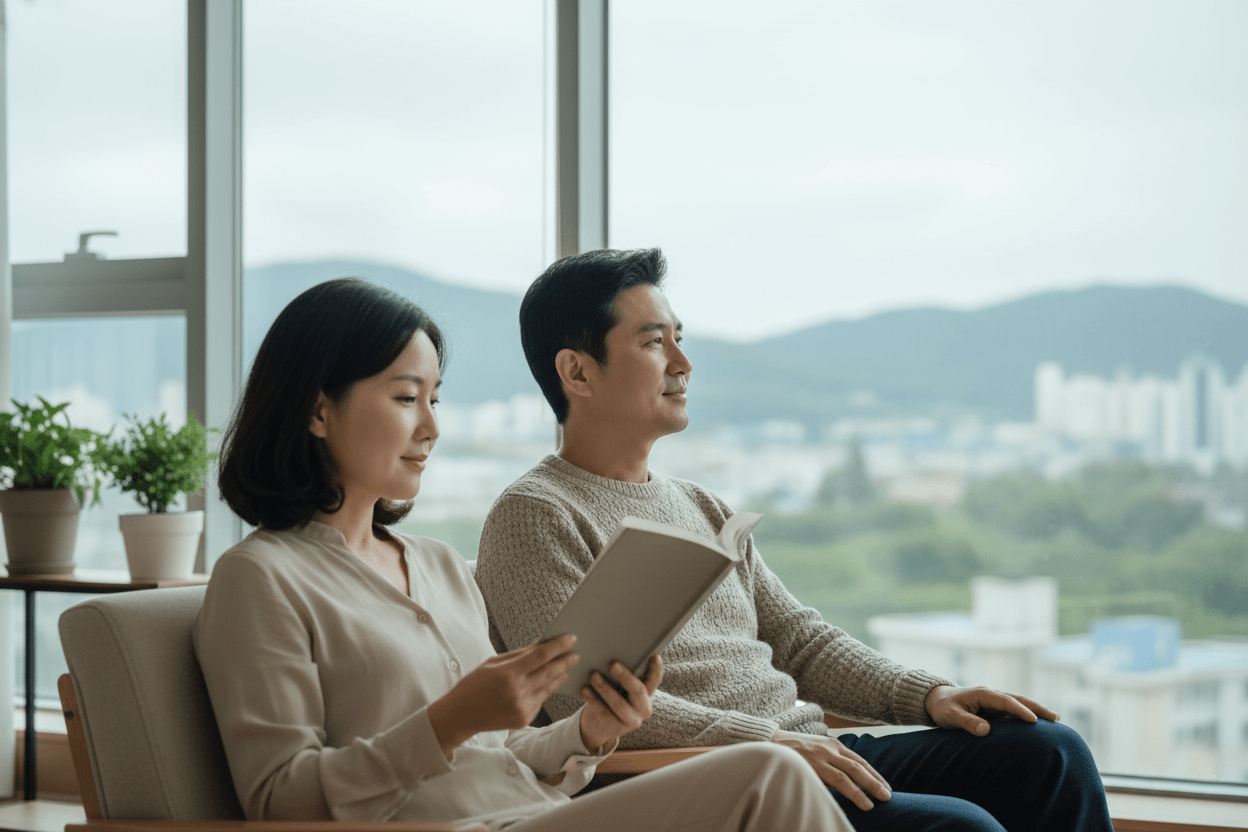 창가 소파에 앉은 40대 한국인 부부가 책을 읽고 먼 풍경을 바라보며 눈을 편안하게 쉬게 해주는 여유로운 일상 모습