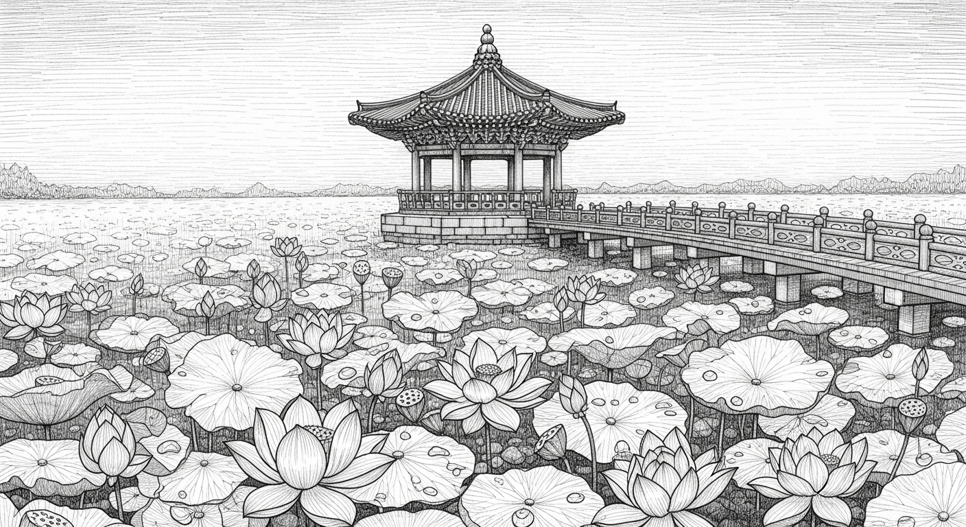 부여 궁남지 연못에 만개한 연꽃과 중앙 정자 포룡정