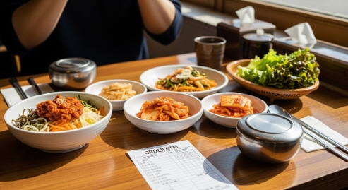 밝은 톤, 테이블에 놓인 음식과 주문 내역서