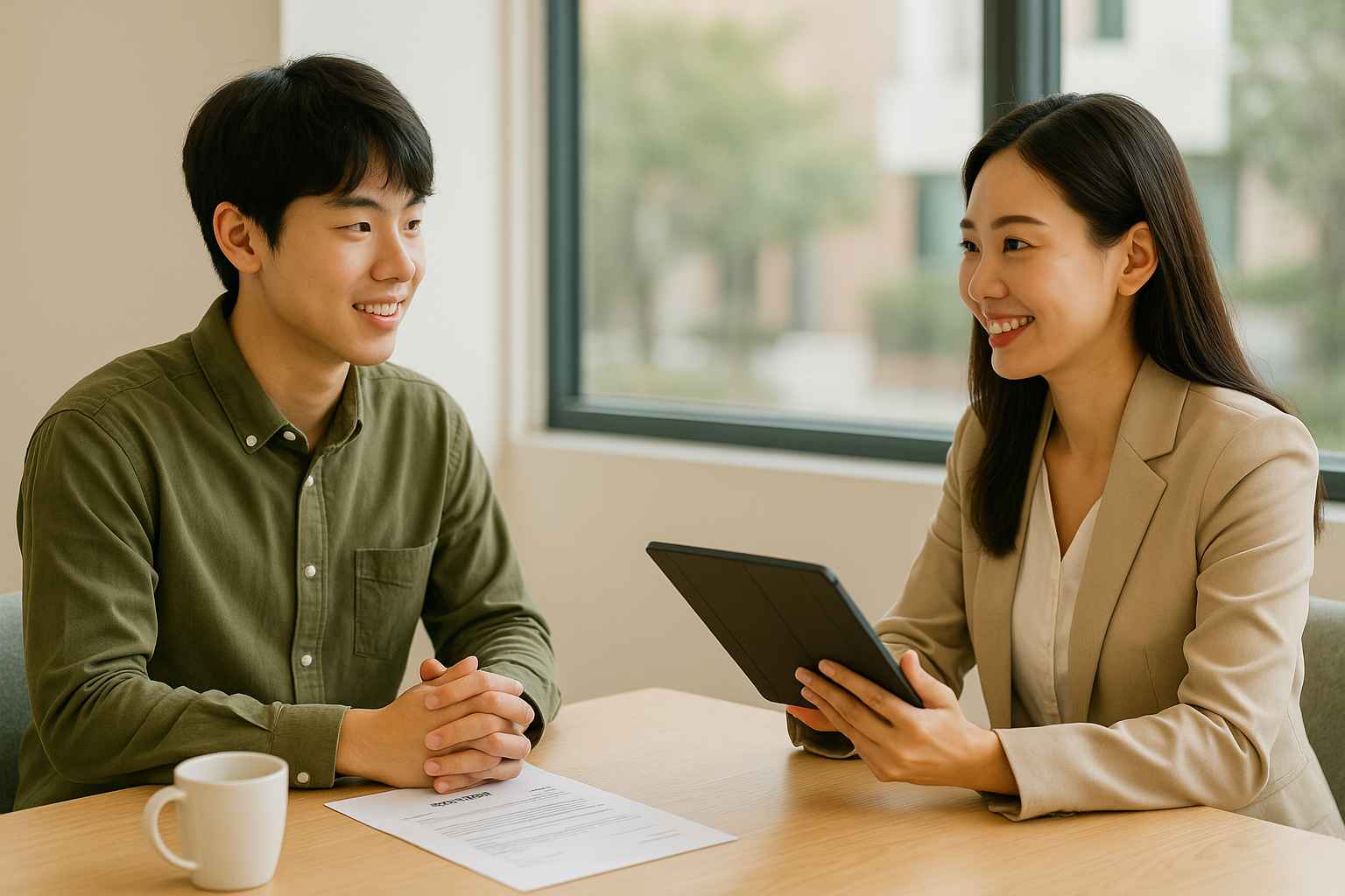 밝은 회의실에서 태블릿으로 상담 중인 상담사와 20대 한국 청년. 책상 위에는 이력서와 커피잔이 놓여 있고, 희망적인 분위기.