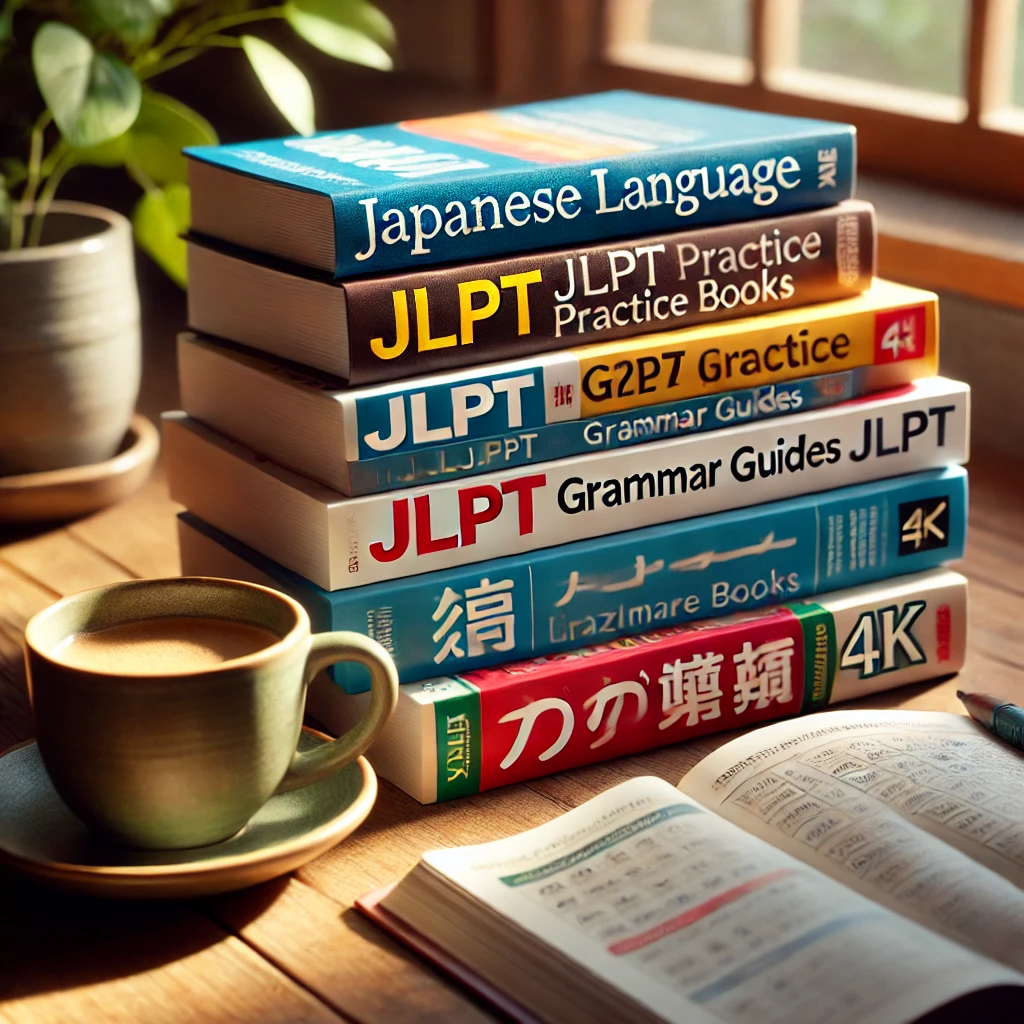 JLPT 연습책, 문법 가이드, 한자 사전 등 일본어 학습 자료가 나무 책상 위에 정리되어 있는 모습. 옆에는 커피잔이 놓여 있으며, 창문을 통해 들어오는 자연광이 차분한 학습 분위기를 연출함