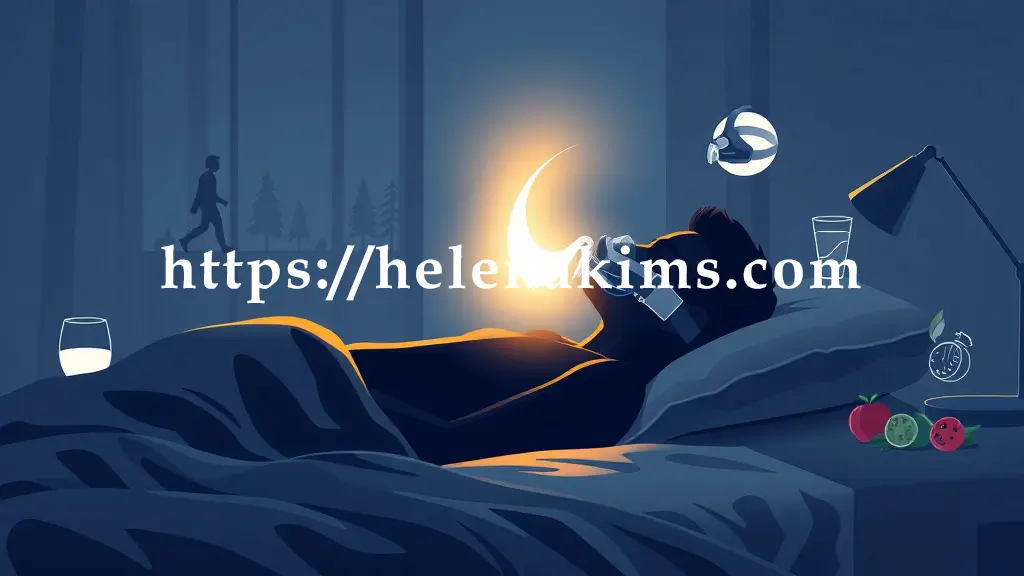 고요하고 평화로운 분위기의 침실에서 편안하게 잠든 사람의 모습, 그 주변으로 양압기 마스크와 구강 내 장치의 간결한 형태가 은은한 빛을 받으며 배치되어 있고, 숲길을 걷는 사람, 물 한 잔, 신선한 과일 등 건강한 생활 습관을 상징하는 아이콘들이 있는 그래픽 이미지.