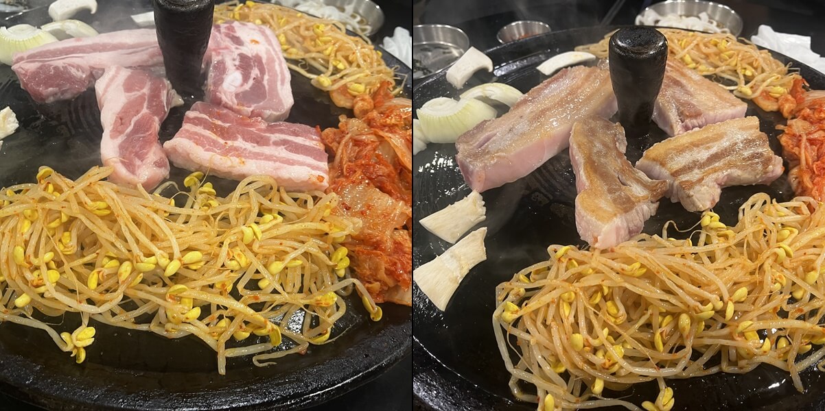 용인_성복동_맛집_콩삼김삼_메인인_삼겹살과_콩나물_싄김치가_솥뚜껑에_놓여져있다