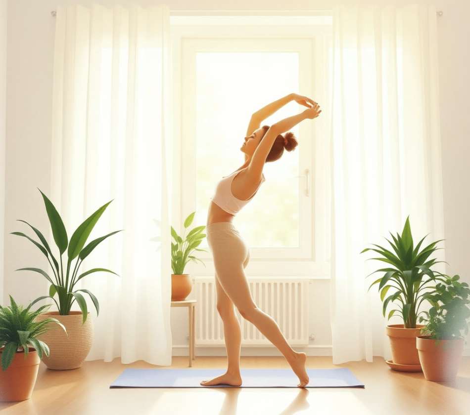 편안한 분위기의 실내에서 이른 아침부터 스트레칭 중인 여성의 모습이 수채화 풍으로 그려져 있다