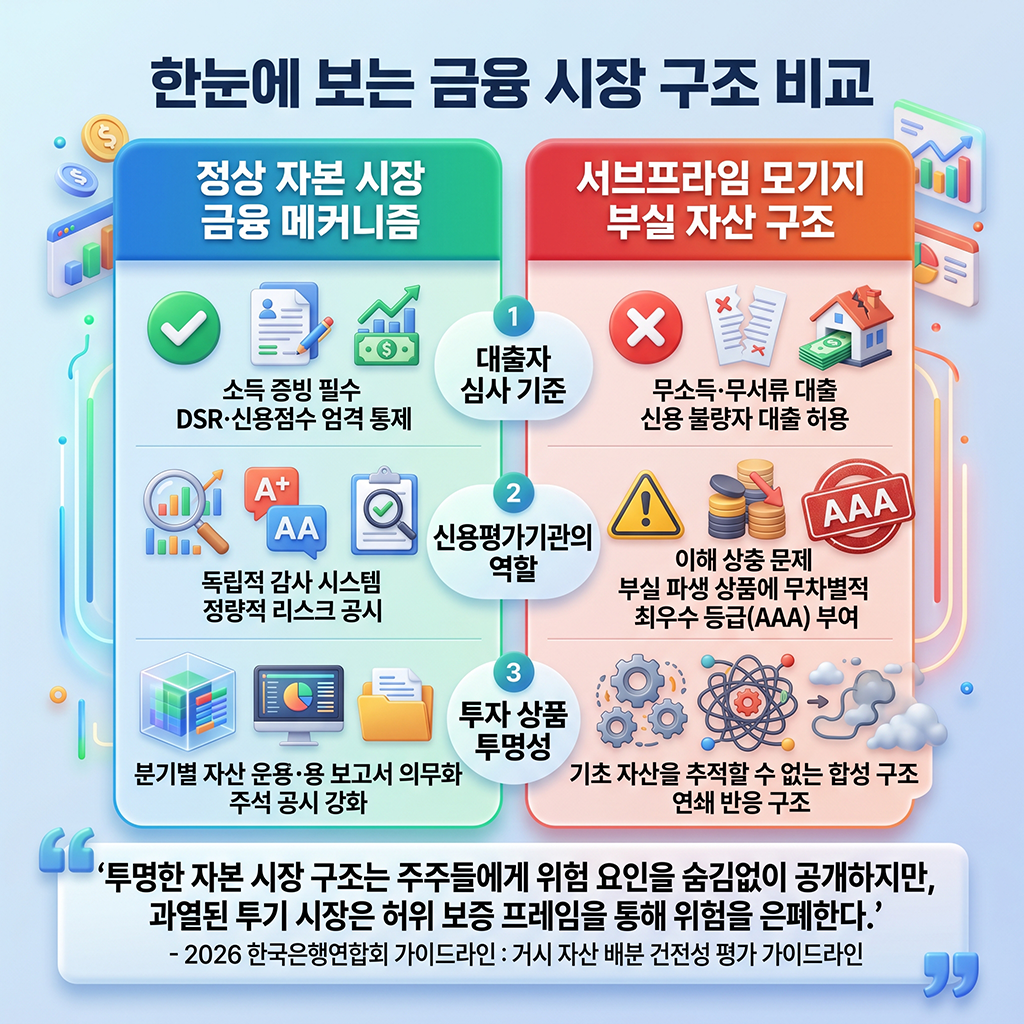 정상적인 금융 시장 구조 vs 서브프라임 부실 금융 생태계 한눈에 보는 비교표