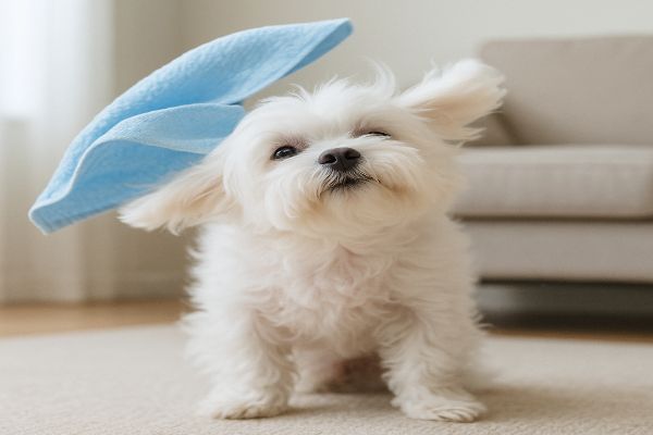 말티즈가 머리에 덮인 하늘색 수건을 성공적으로 벗어 던지는 재미있고 따뜻한 순간. 귀가 펄럭이는 중간 동작이 포착되었습니다.