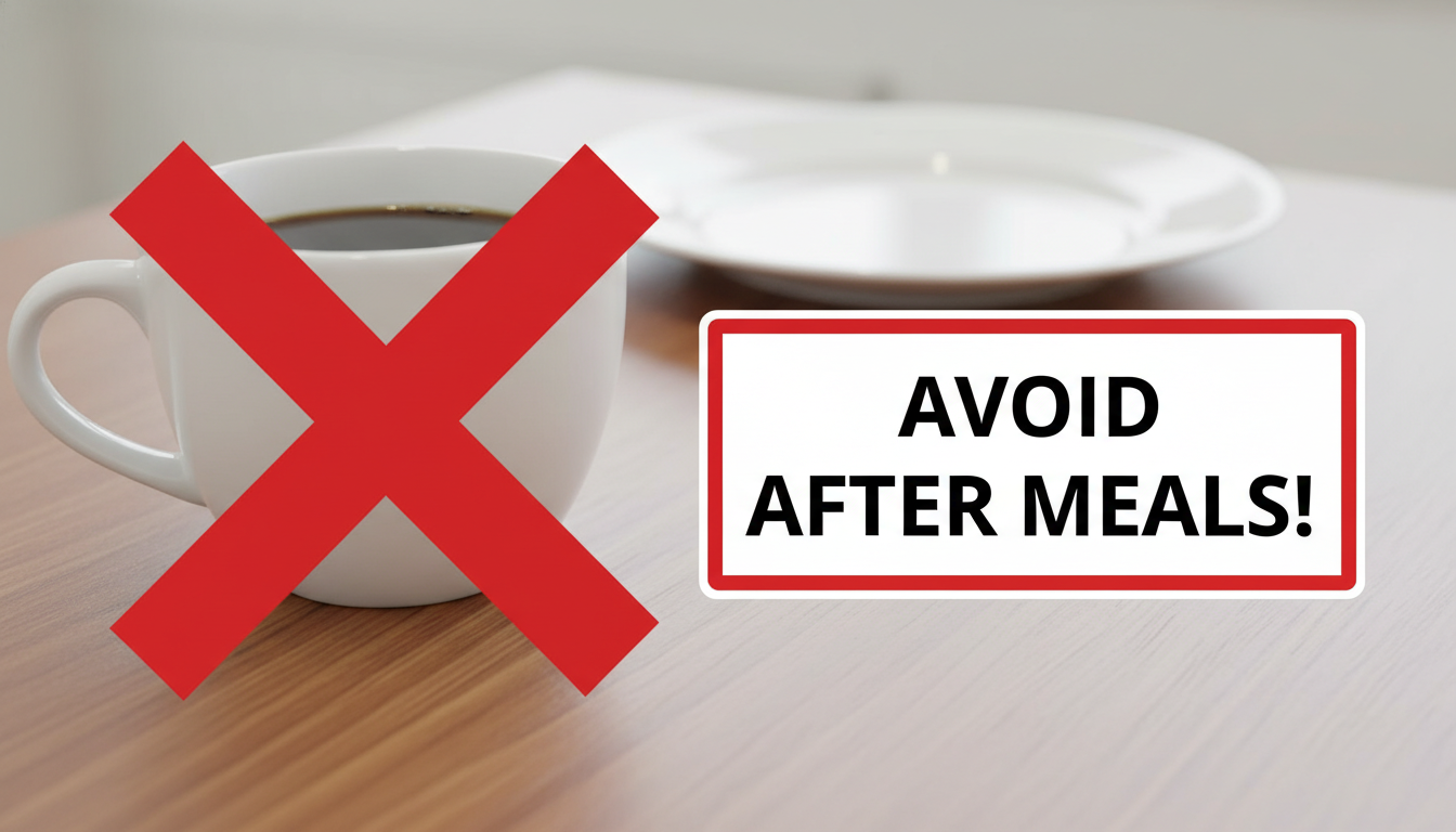 식사 직후 마시는 커피가 철분 흡수를 방해함을 경고하는 엑스 표시와 찻잔 이미지