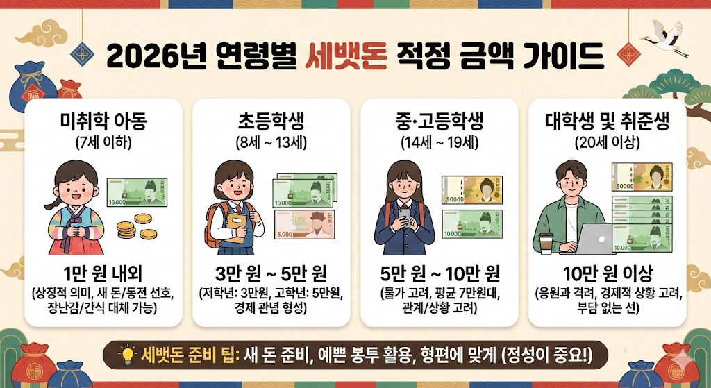 연령별 세뱃돈 적정 금액 (2026년 기준) 인포그래픽