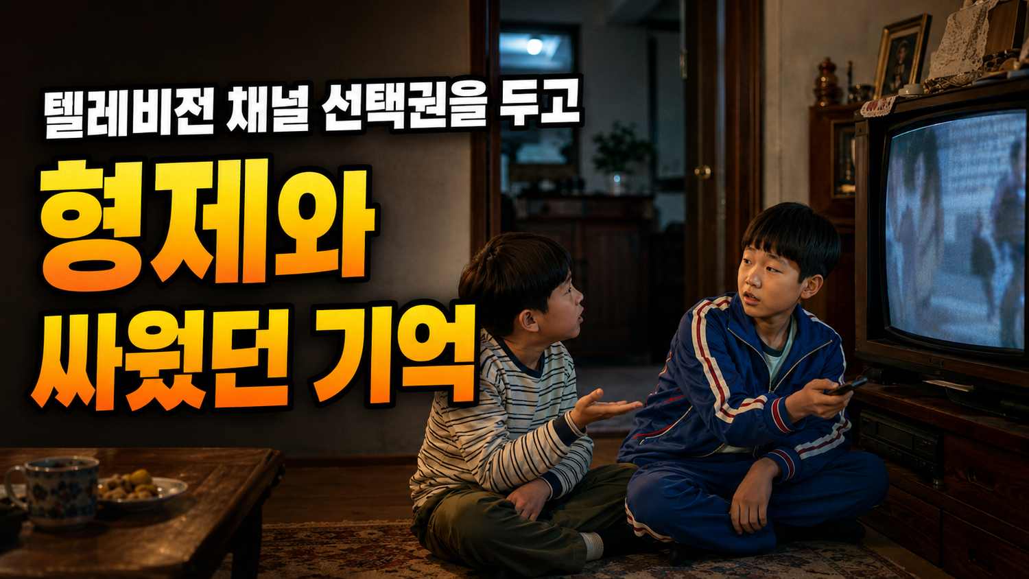 브라운관 TV 앞에 앉은 두 형제가 리모컨을 사이에 두고 서로 다른 채널을 보려는 모습