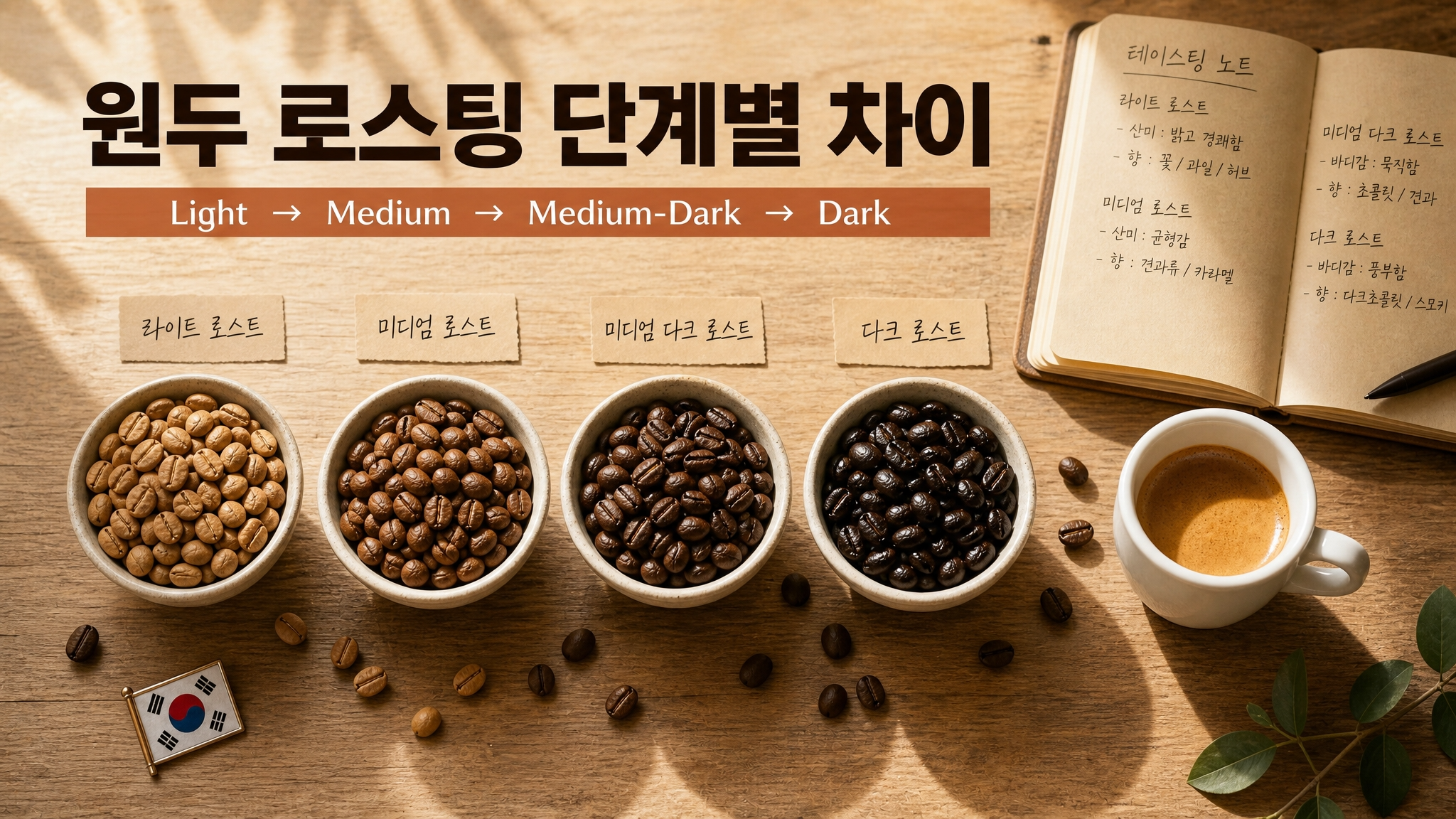 라이트 로스팅부터 다크 로스팅까지 색상이 단계별로 달라지는 커피 원두를 나열해 비교하는 모습