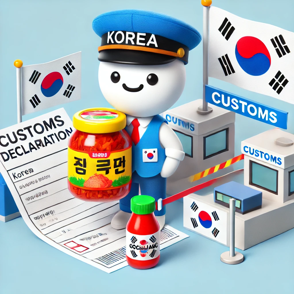 고추장과 김치를 들고 한국 세관에 도착한 여행자의 상징적 장면