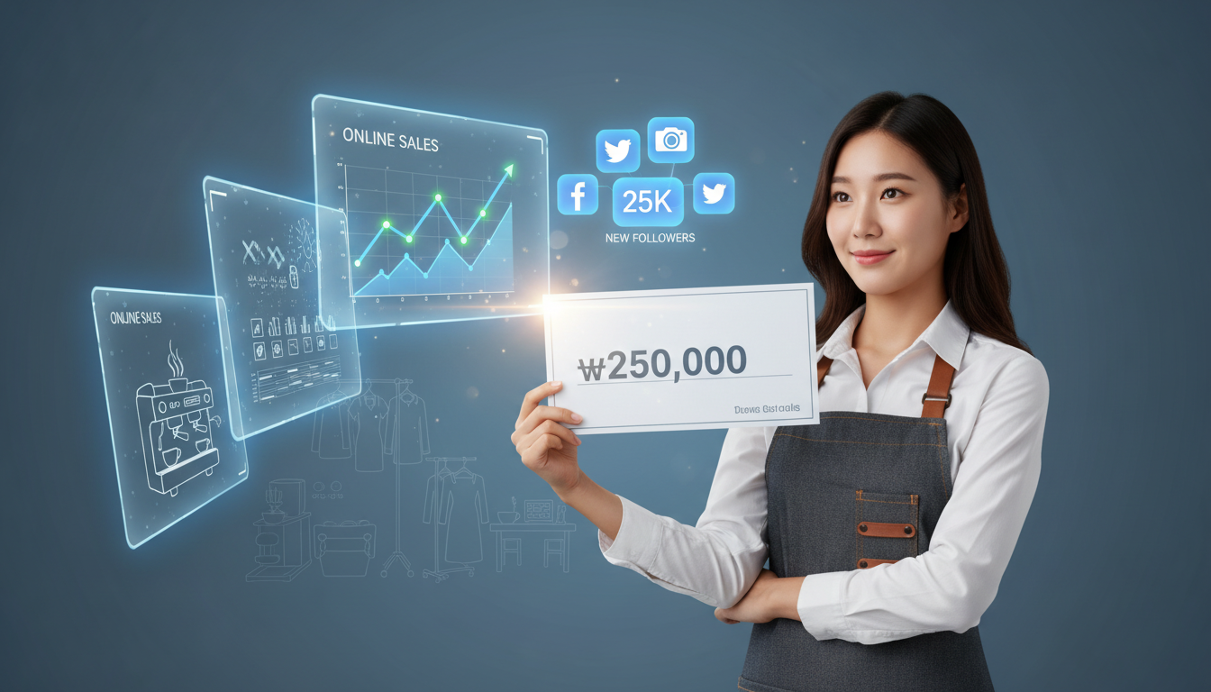 2026년 소상공인 지원금을 성공적으로 받아 25만원을 절약하며 활짝 웃는 소상공인, 디지털 전환 성공을 상징하는 온라인 마케팅 관련 아이콘과 그래프가 주변에 떠있다.