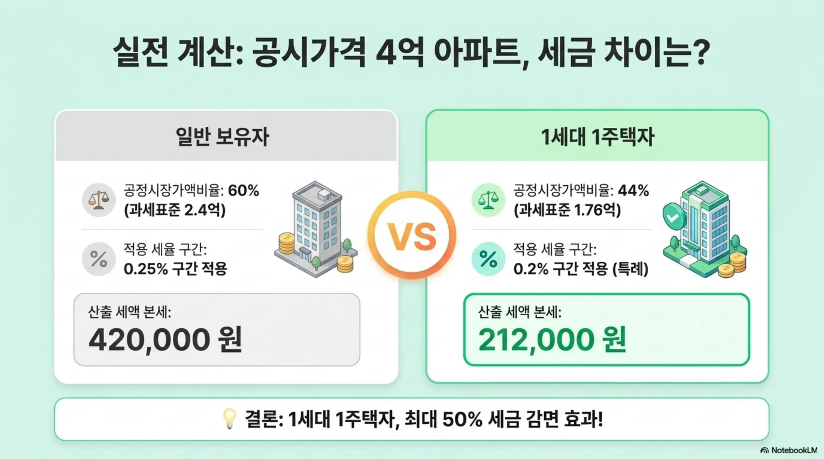 재산세 납부: 공시가격 4억 원 아파트 기준으로 일반 보유자 재산세 본세 42만 원과 1세대 1주택자 재산세 본세 21만 2천 원을 좌우로 비교하고 공정시장가액비율 60% 대 44%와 적용 세율 0.25% 대 0.2%의 차이를 보여주는 인포그래픽 이미지. 이 이미지는 1세대 1주택자의 최대 50% 세금 감면 효과를 시각적으로 전달하며 블로그의 재산세 계산 예시와 관련된 내용을 설명함 