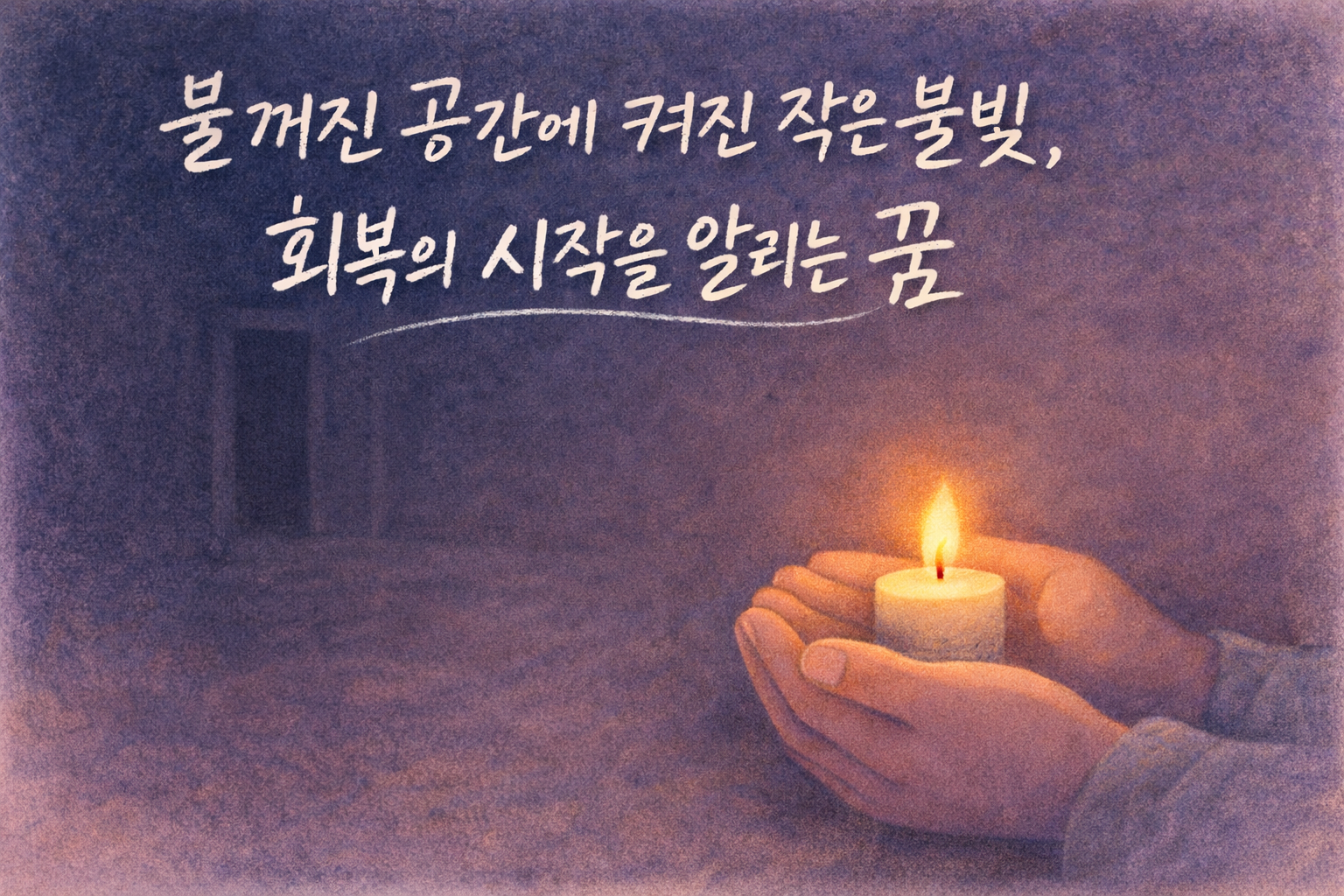 어두운 공간 속에서 작은 촛불 하나가 은은하게 빛나며 고요한 분위기를 전하는 파스텔 질감의 몽환적인 일러스트