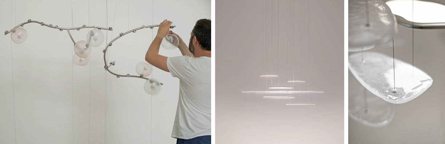 "Giopato & Coombes 조명 설치 장면과 디테일, 감성 조명 디자인 과정과 투명한 유리 질감이 돋보이는 핸드메이드 아트 조명"