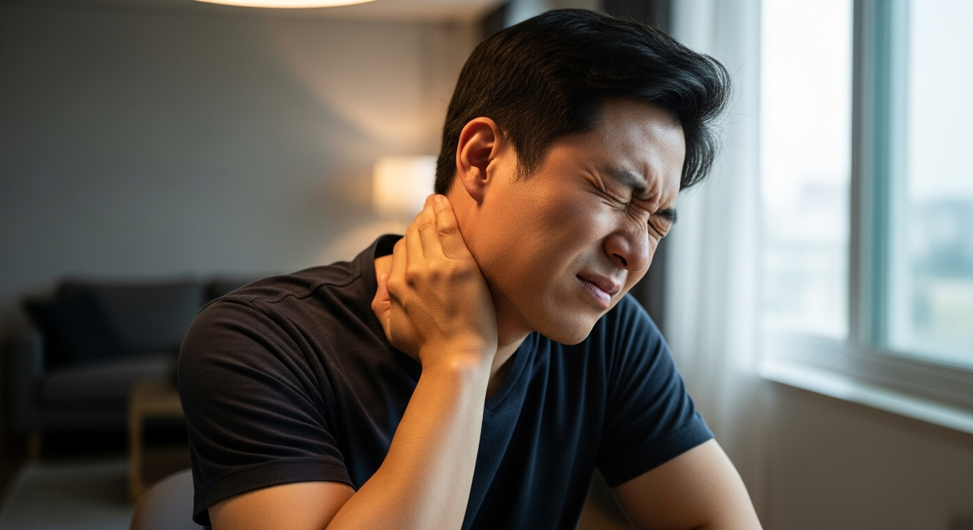 목과 귀를 함께 잡으며 통증을 느끼는 남성