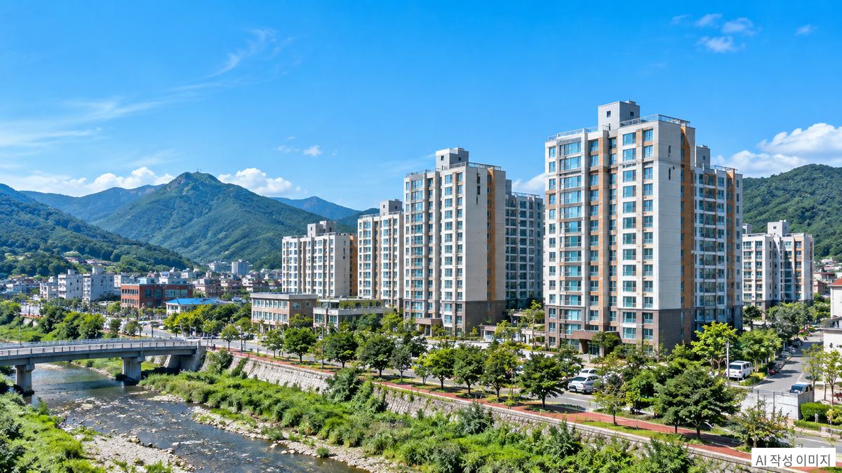 진안 행복주택 관련 산과 하천이 어우러진 아파트 주거지역 전경 이미지