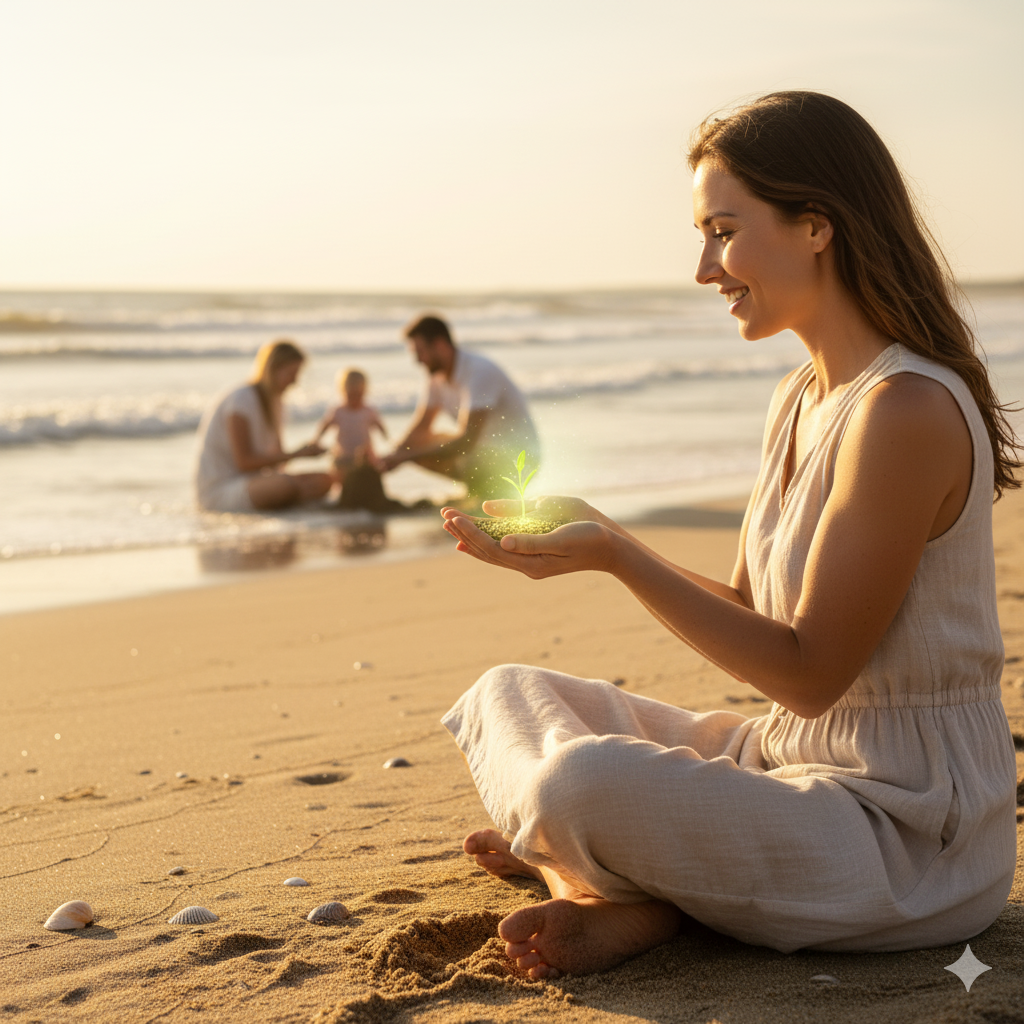 해변 모래 위에서 여성이 빛나는 황금 씨앗(새 글감)을 소중히 들고 있는 모습