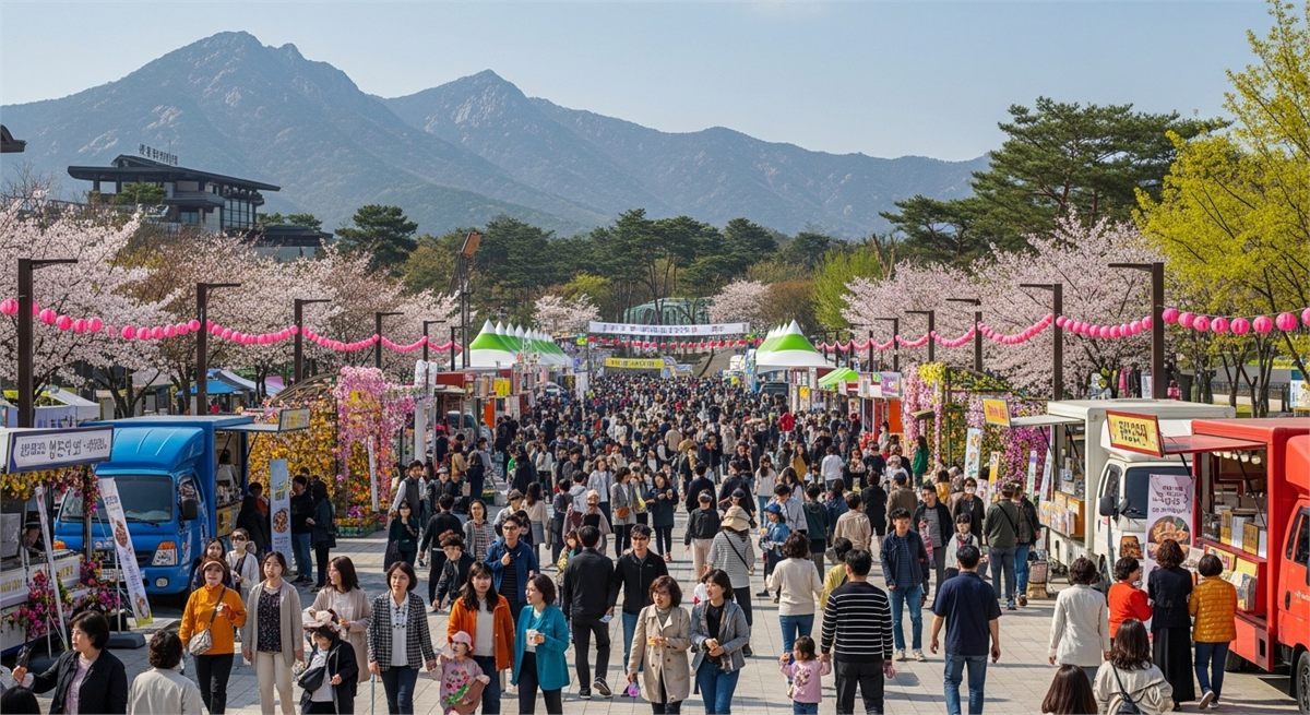 부스와 먹거리 공간이 함께 보이는 행사장 전경 