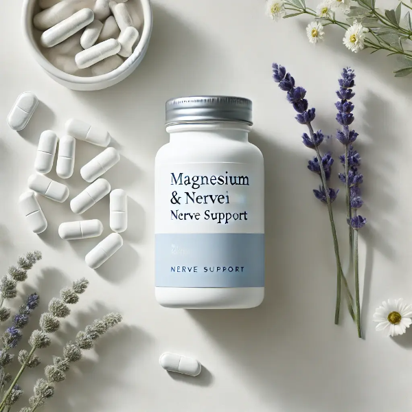 마그네슘과 신경 안정용 영양제 – 실버블루 라벨의 병, 흰 캡슐, 라벤더와 함께 연출된 스튜디오 컷