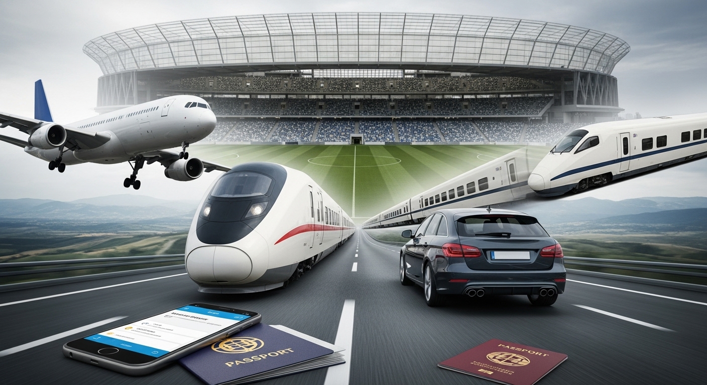 2026 월드컵 직관을 위한 항공편, 기차, 자동차 등 다양한 교통수단과 여행 계획 앱이 보이는 스마트폰이 결합된 역동적인 이미지.