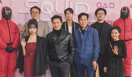 오징어 게임 시즌 3 홍보를 위해 출연자들이 뭉쳤다.(일러스트)