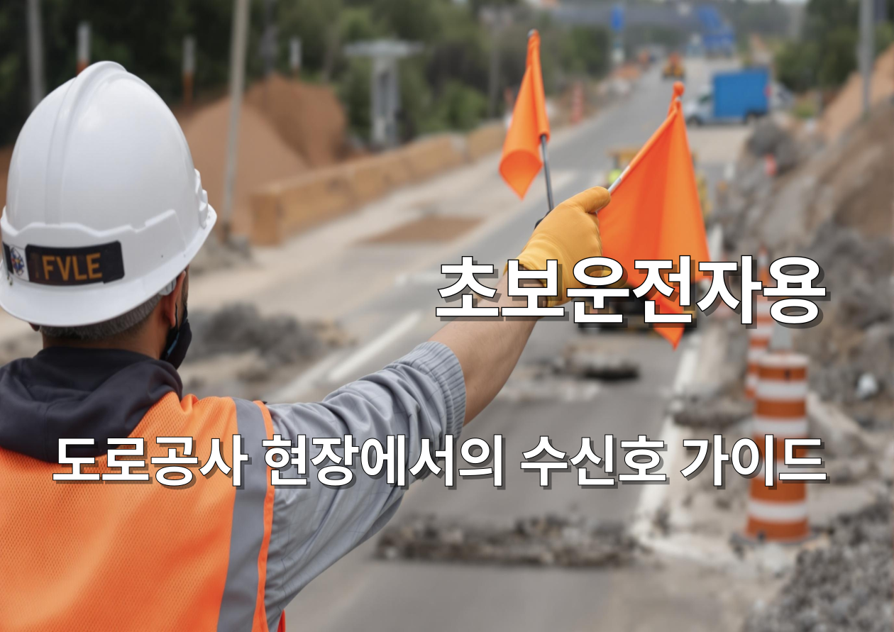 도로공사 구간에서 신호수가 수신호하는 이미지