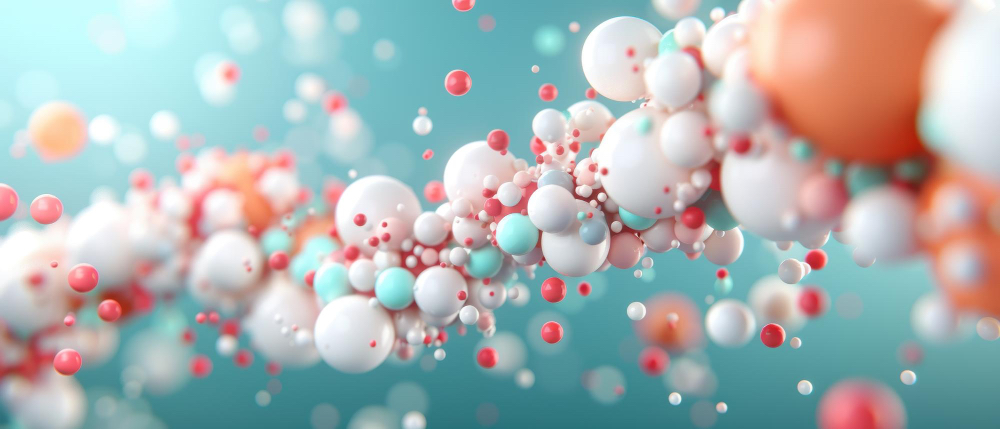 파스텔톤 3D 분자 구조 일러스트, 민트색 배경에 흰색 분홍색 주황색 구체들이 연결된 추상적 과학 이미지