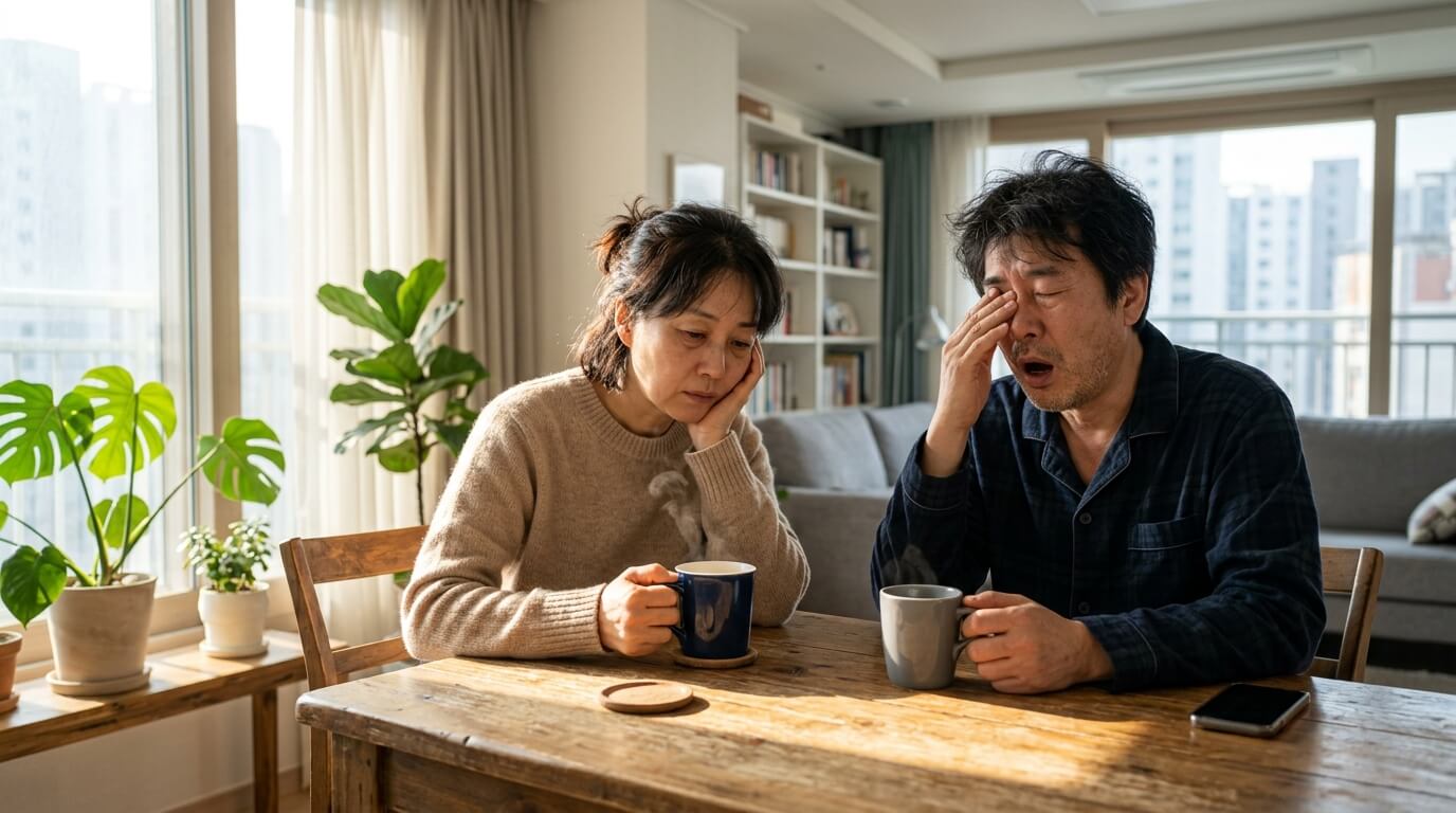 아침에 피곤한 표정으로 커피를 들고 있는 중년 남녀
