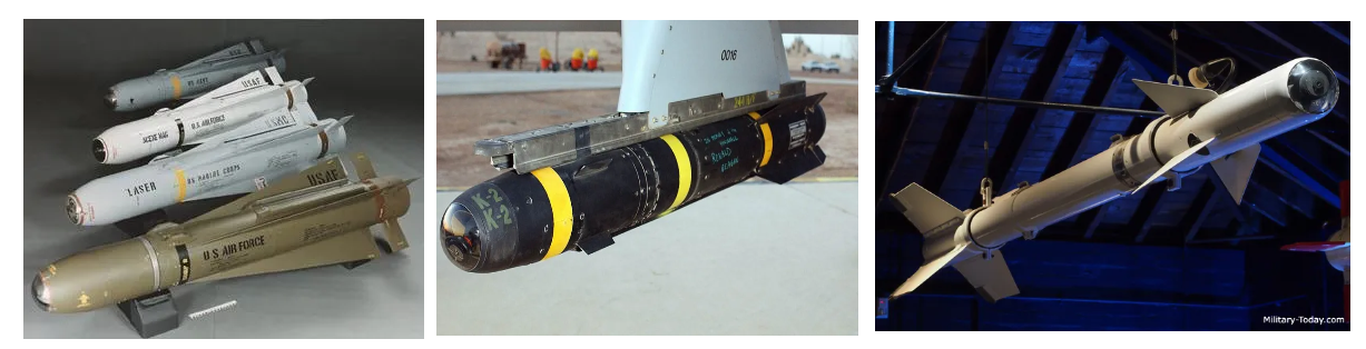 (좌) AGM-65 메버릭, (중간) 헬파이어 미사일 (우) AIM 9B 사이드와인더