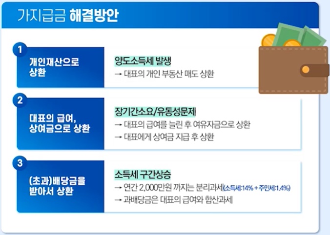 1. 개인 재산으로 상환
2. 대표의급여,상여금으로 상환
3. (초과) 배당금을 받아서 상환