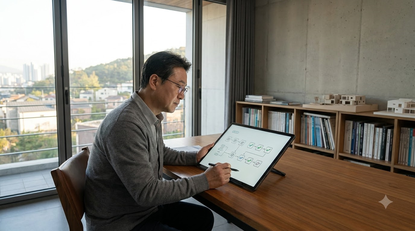 모던한 홈 오피스 환경에서 전문 투자자가 태블릿으로 인생 전반전 공격형 포트폴리오와 후반전 수비형 체크리스트를 정밀 점검하는 모습