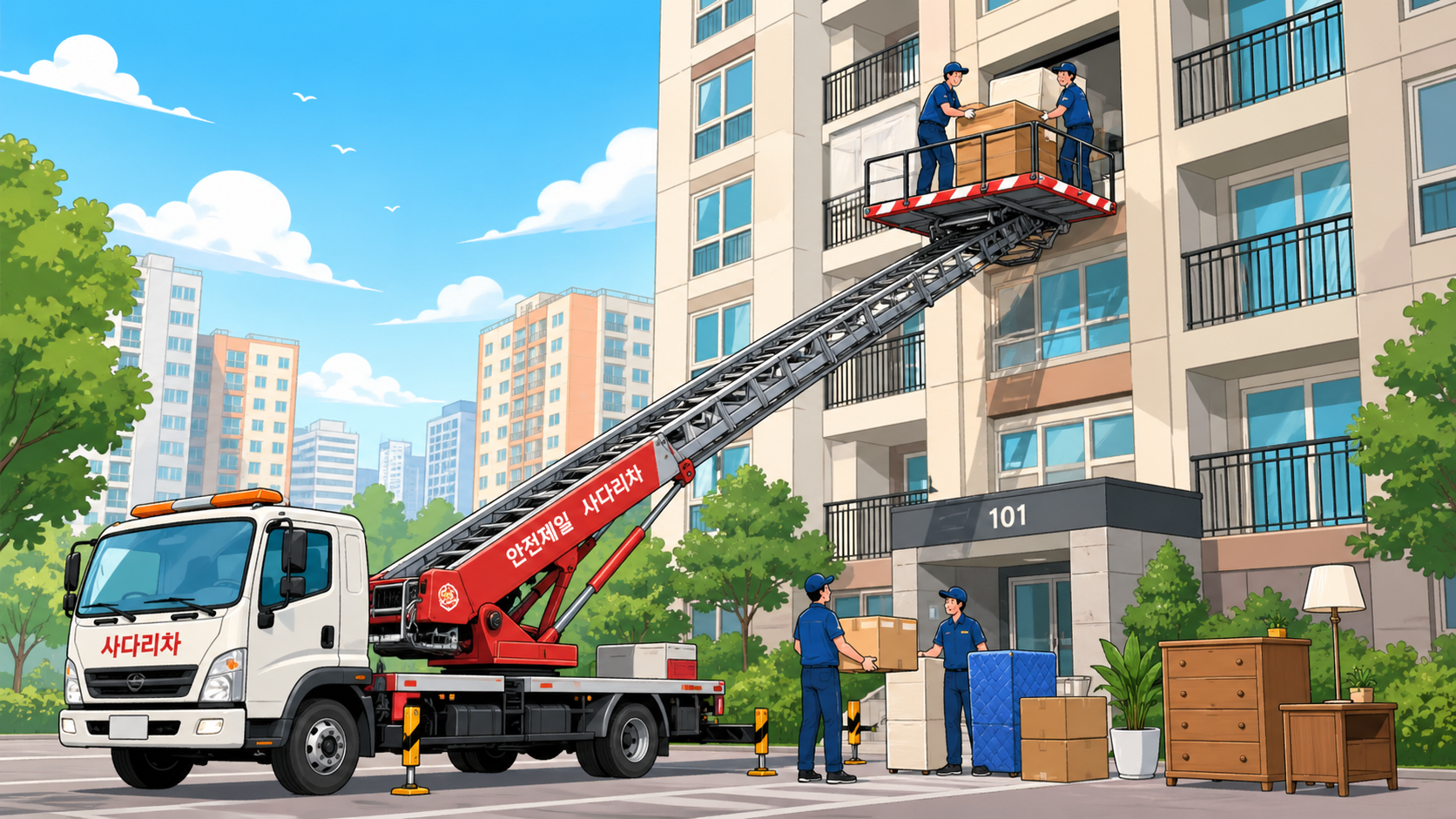 아파트 외벽에 사다리차를 설치하고 이삿짐을 옮기는 장면
