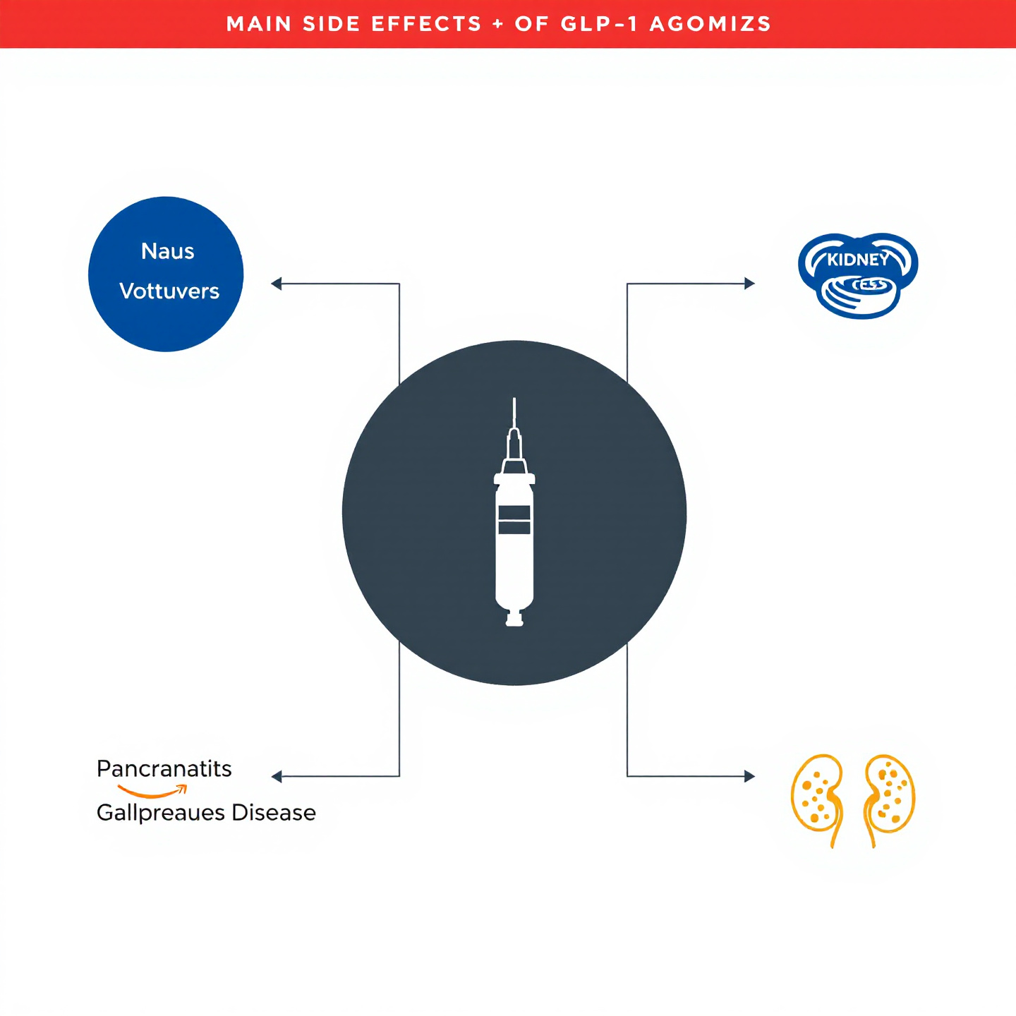 "GLP-1 작용제의 주요 부작용과 주의사항을 도식화한 이미지"