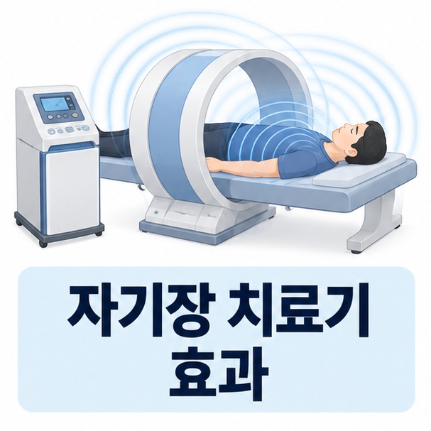 자기장 치료기 효과를 주제로 정적 자석과 PEMF를 상징하는 의료 안내 이미지